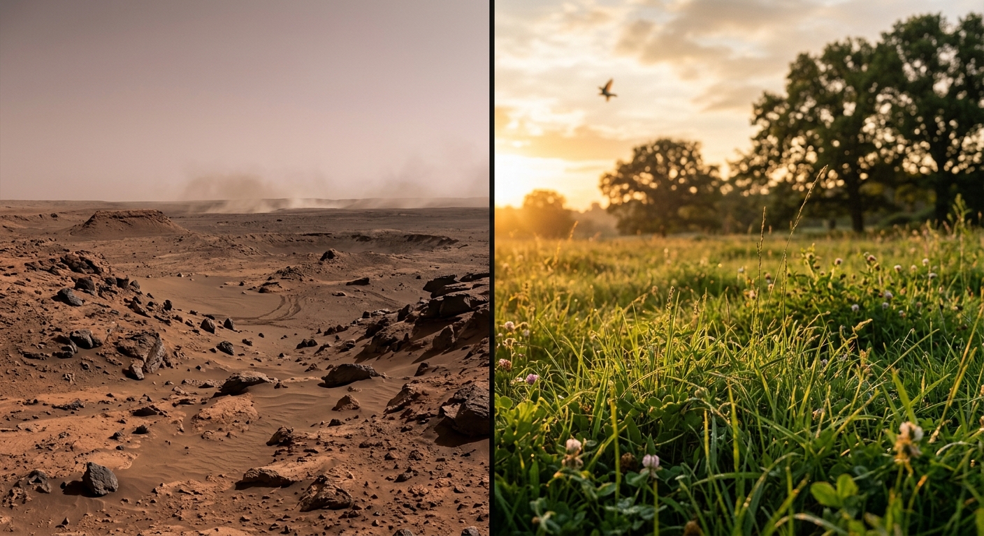 False Escape — Mars Surface Contrasted with Earth's Fragility